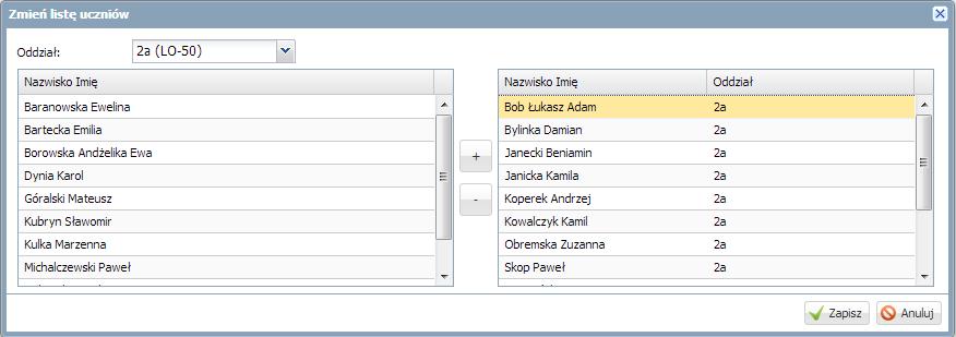W polu Oddział, z listy rozwijalnej, wybrać dany oddział Na liście Nazwisko Imię wskazywać kolejno dane uczniów i każde dodanie do listy zajęć międzyoddziałowych zatwierdzać klikając ikonę i kliknąć