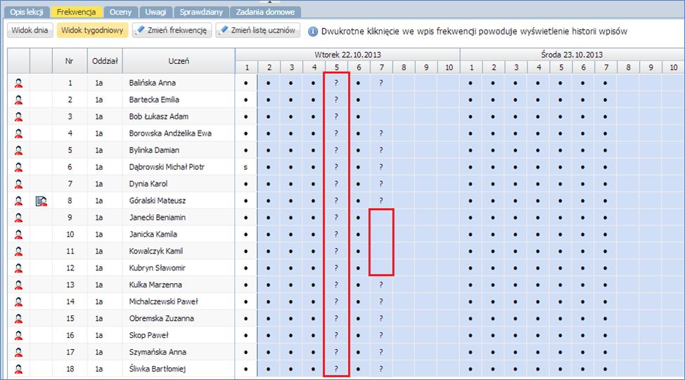 Dokumentowanie lekcji przez nauczyciela Zmień frekwencję pozwala na edycję wpisów frekwencji w odniesieniu do każdego ucznia znajdującego się na liście.