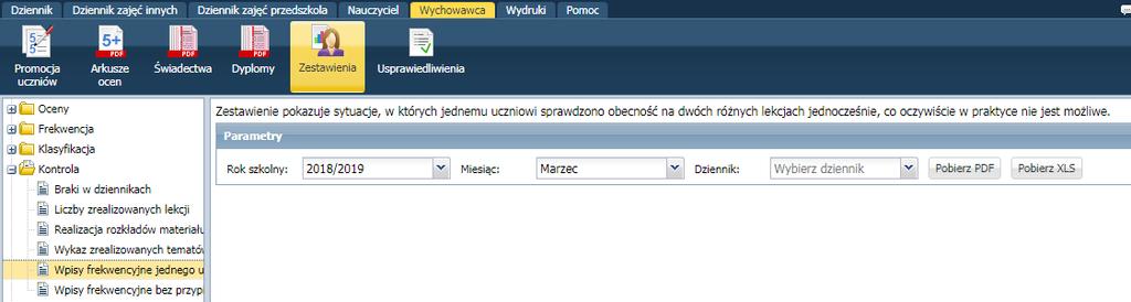 Kliknąć zestawienie Wpisy frekwencyjne jednego ucznia na kilku lekcjach jednocześnie. Po określeniu parametrów kliknąć przycisk Pobierz PDF. W oknie Komunikaty kliknąć przycisk Pobierz/ Otwórz.