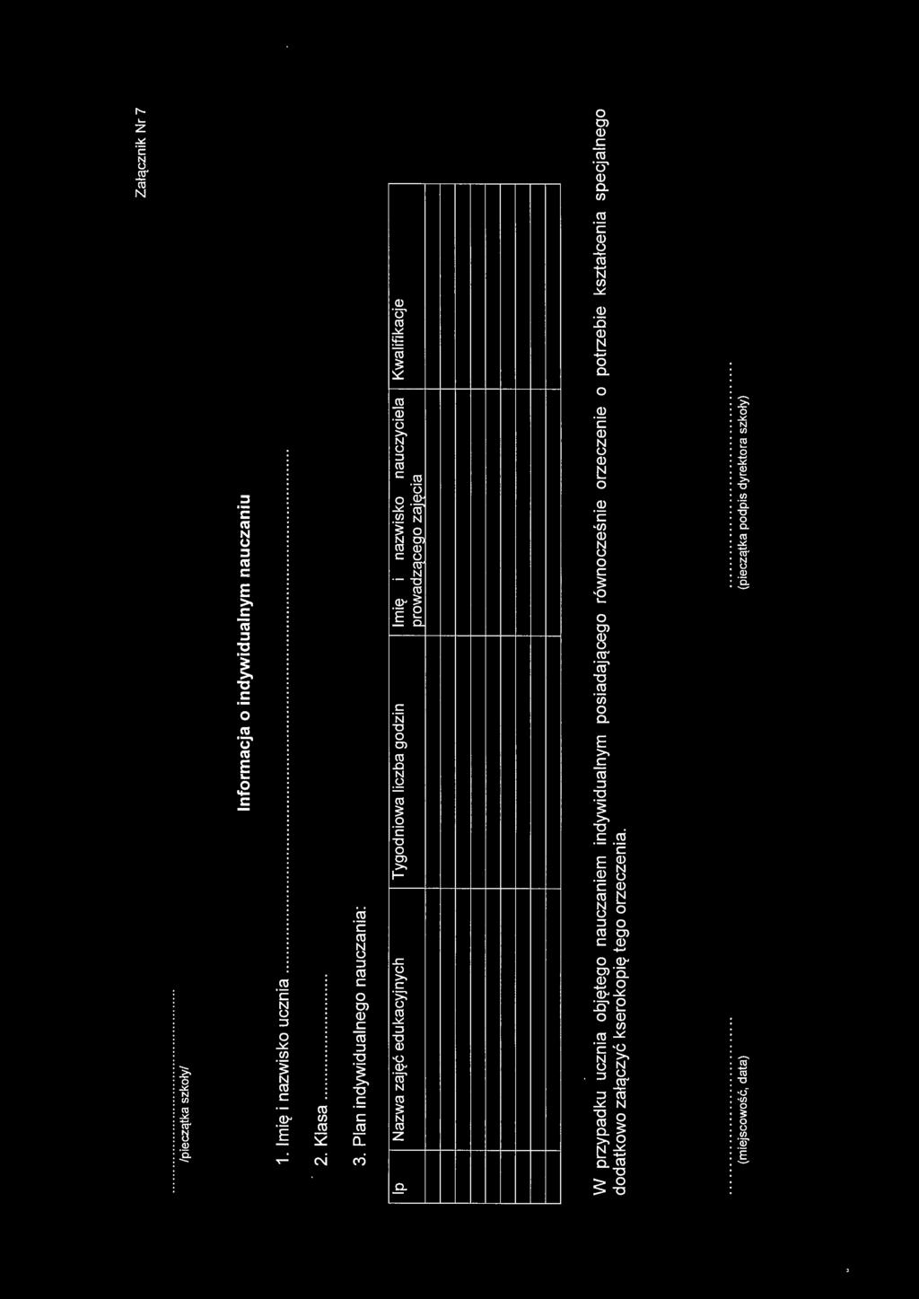 Plan indywidualnego nauczania: Nazwa zajęć edukacyjnych Tygodniowa liczba godzin nauczyciela Kwalifikacje ----- ----- W