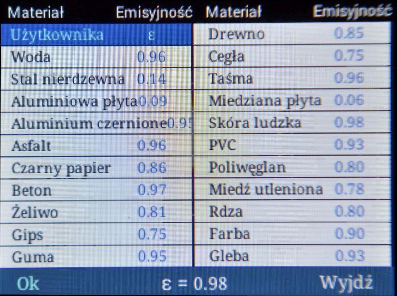 referencyjnych). Poruszając się po liście za pomocą przycisków (góra/dół) oraz (lewo/prawo), można wybrać właściwy materiał. Zatwierdzić wybór przyciskiem (OK).