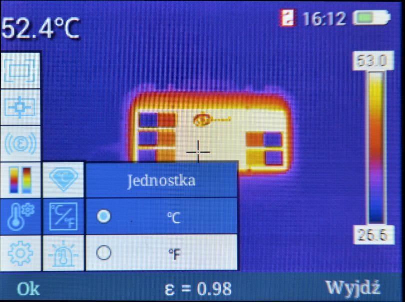 b. Jednostka Wybranie opcji Jednostka powoduje otwarcie okna wyboru jednostki pomiaru temperatury. Możliwy jest wybór pomiędzy jednostkami: C stopnie Celsjusza, F stopnie Fahrenheita.