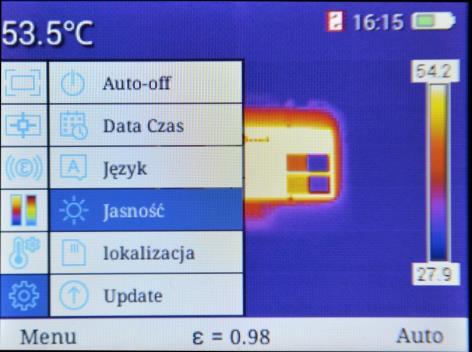 d. Jasność Wybranie opcji Jasność powoduje otwarcie okna regulacji stopnia podświetlania LCD. Dostępnych jest sześć trybów jasności wyświetlacza: 0, 1, 2, 3, 4, 5.