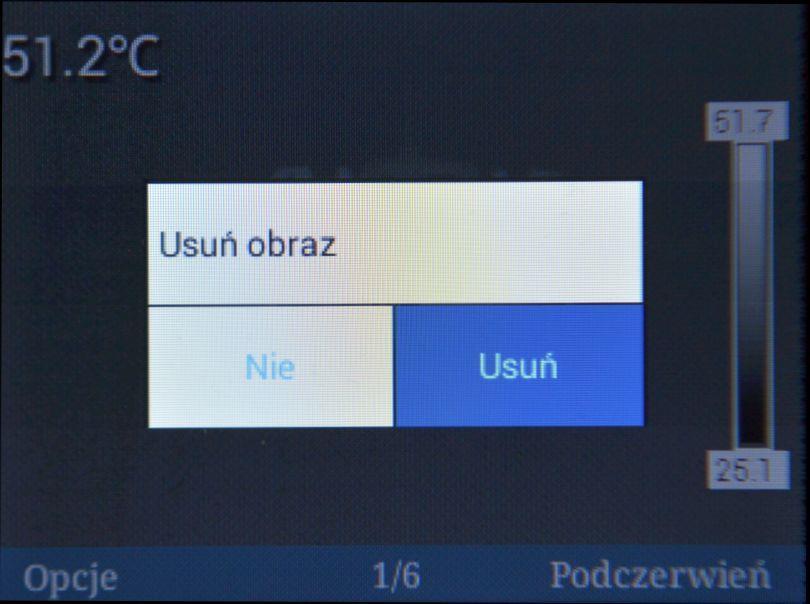 Wybranie Usuń otwiera okno potwierdzenia. Potwierdzenia wyboru dokonuje się przez naciskanie przycisków (lewo/prawo).