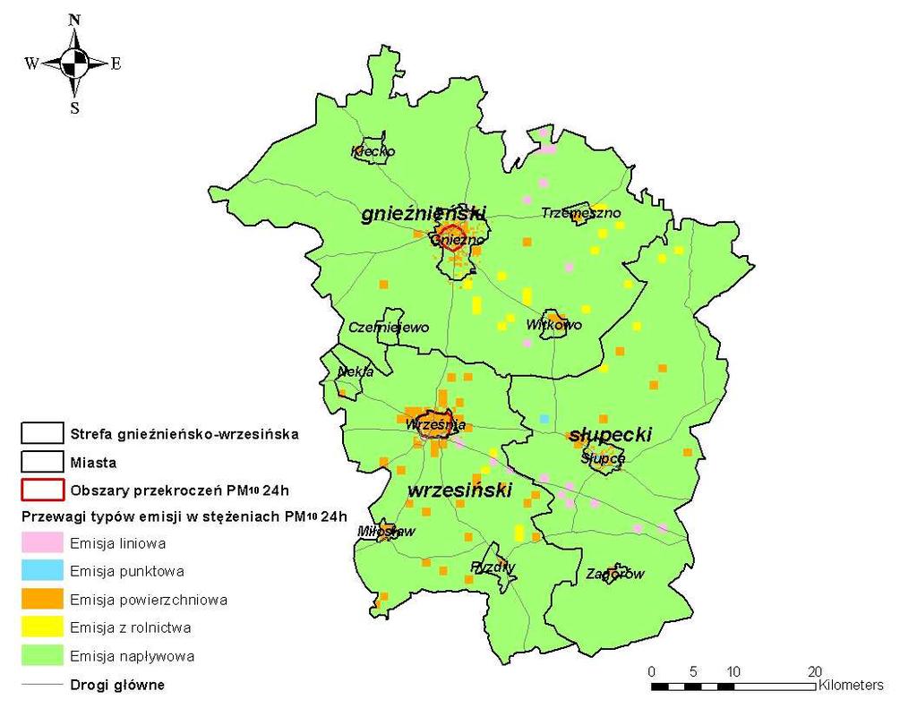 Rysunek 58 Stężenia pyłu zawieszonego PM 10 o okresie uśredniania wyników pomiarów 24 godziny w strefie gnieźnieńsko-wrzesińskiej pochodzące z łącznej emisji wszystkich typów w 2010 r.