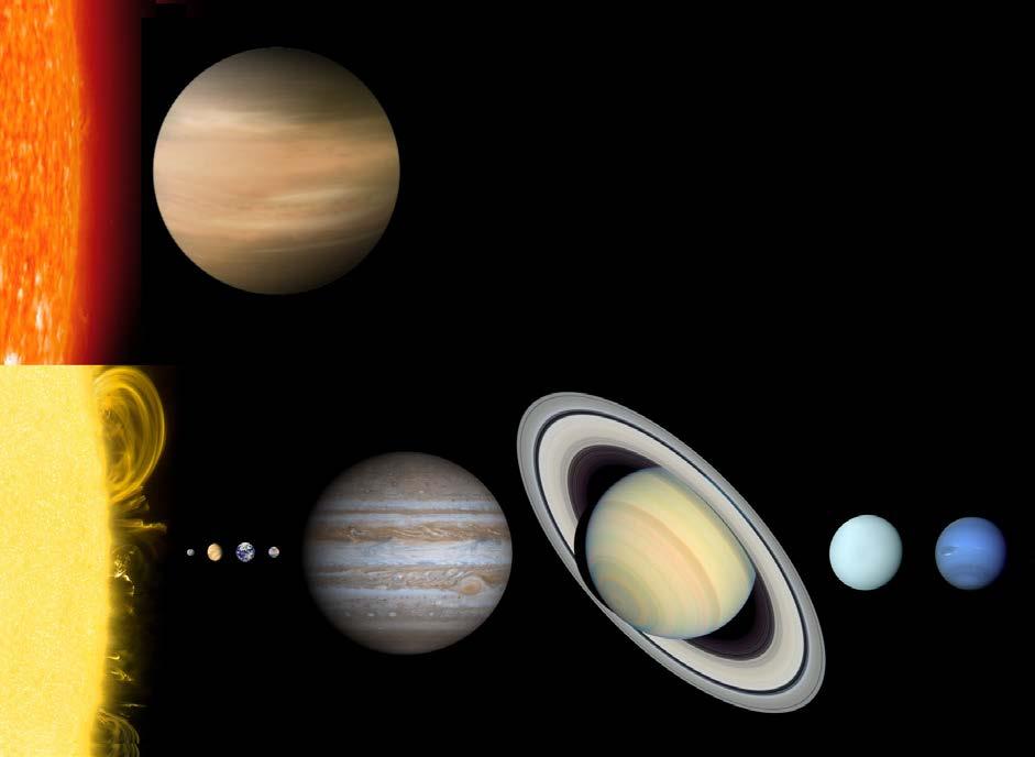 Porównanie rozmiarów planet w Układzie Słonecznym (na dole) i planety w układzie