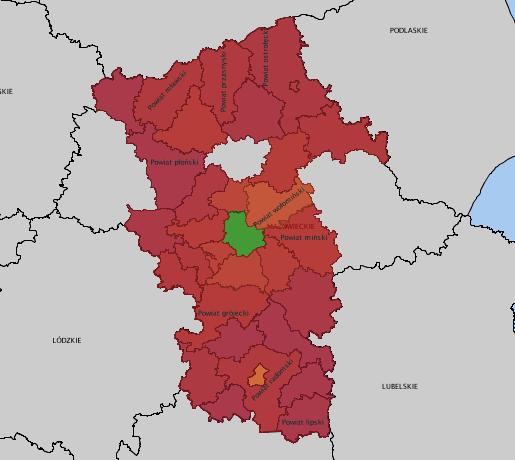 wyszkowski węgrowski (mazowieckie) zwoleński łosicki (mazowieckie) żuromiński żyrardowski Ogółem DOMY POMOCY SPOŁECZNEJ JEDNOSTKI SPECJALISTYCZNEGO PORADNICTWA KLUBY