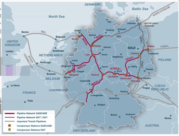 Mapa systemu gazowego w Niemczech. Uwzględnia Nord Stream 1, OPAL i Gazociąg Gazela, którym rosyjski surowiec trafia do Czech.