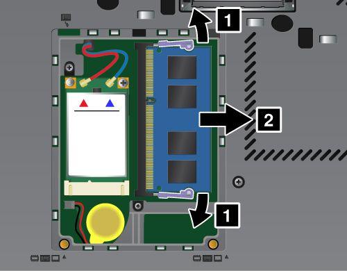 Wymiana pamięci w gnieździe na spodzie komputera Komputer ma dwa gniazda pamięci: jedno znajduje się pod klawiaturą, a drugie na spodzie komputera.