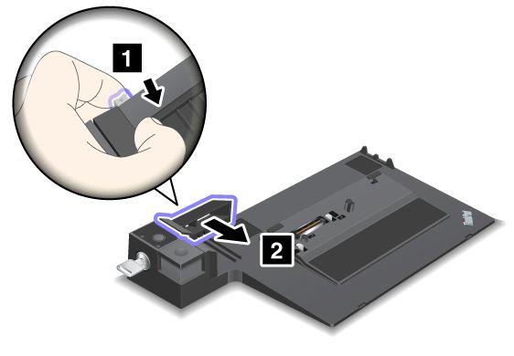 2. Pociągnij przesuwne urządzenie nastawcze we wskazanym kierunku. 3. Umieść komputer na platformie stacji dokującej i sprawdź, czy lewy górny narożnik komputera jest wyrównany z płytą wiodącą. 4.