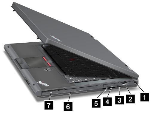 Widok z prawej strony Rysunek 2. ThinkPad T430 i T430i: widok z prawej strony 1 Zamek klucza zabezpieczającego 2 Złącze USB 2.