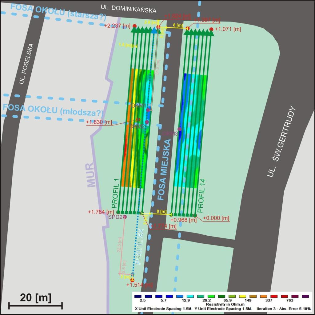 ZAŁĄCZNIKI: Załącznik 1. Mapa profili tomografii elektrooporowej przy ul. Dominikańskiej z nałożonym obrazem geoelektrycznym ośrodka na głębokości 5.06-6.57 m oraz szacunkowym przebiegiem koryt fos.