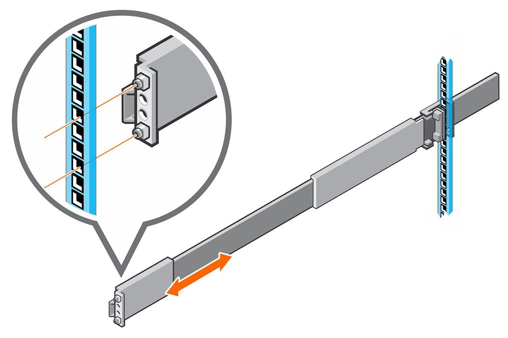 Rysunek 6. Mocowanie szyny do przedniej części stelaża 4 Przytwierdź szynę, wkręcając śrubę M5 x 10 mm (106-002-452) w większy z dwóch otworów z przodu szyny.