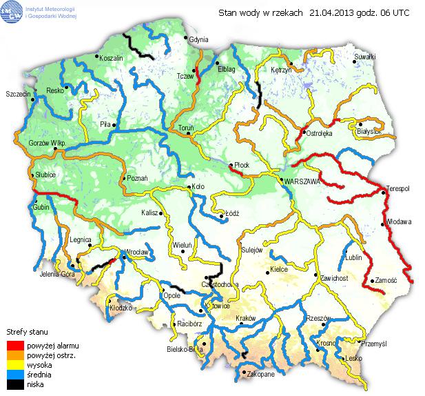 INFORMACJE HYDROLOGICZNO - METEOROLOGICZNE Stan wody na głównych rzekach Polski Prognoza pogody dla Polski na dzień 22.04.2013 r. Stan wody na wodowskazach w dniu 22.04. na godzinę 06.