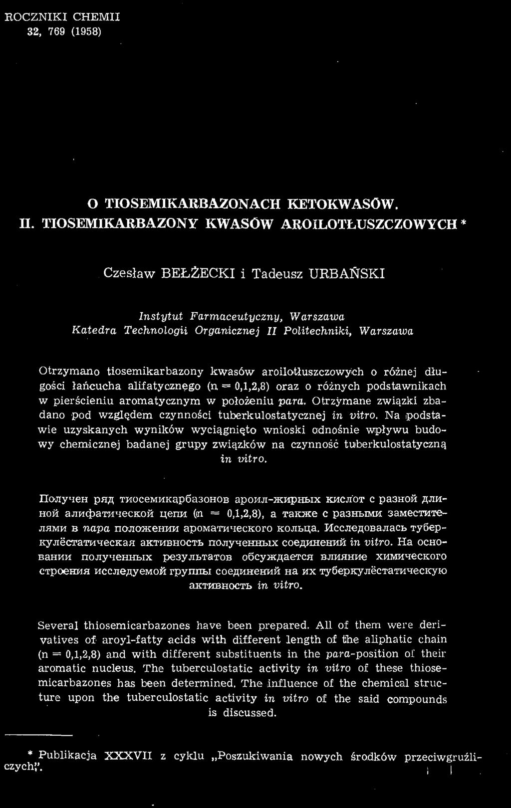 BOCZNIKI CHEMII 32, Y69 (958) O TIOSEMIKARBAZONACH KETOKWASOW. II.