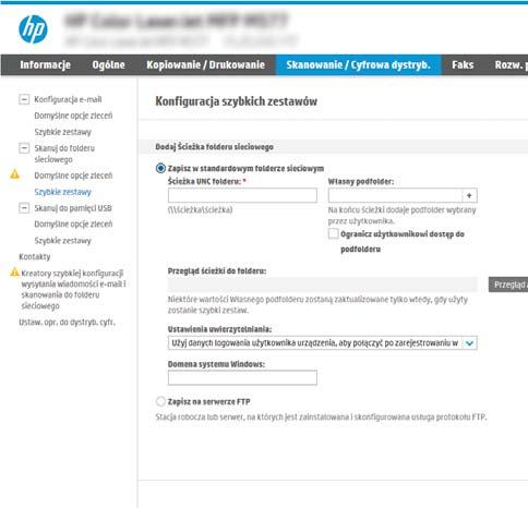 Konfiguracja folderu docelowego dla zeskanowanych dokumentów Opcja 1: Konfiguracja drukarki w celu zapisywania dokumentów do folderu udostępnionego lub folderu FTP Opcja 2: Konfiguracja drukarki w