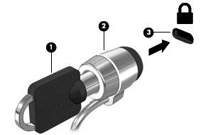 1. Załóż pętlę z linki zabezpieczającej na dobrze zamocowany obiekt. 2. Włóż kluczyk (1) w blokadę kablową (2). 3.