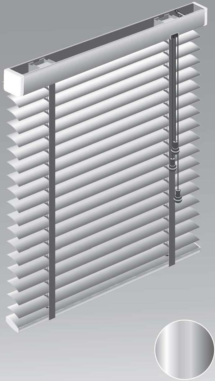 Lamele, hstwa dolna oraz karnisz lub maskownica: Drewno Basswood Profil nośny: Aluminium Żaluzje Aluminiowe Standard 50 mm LAMELE: Aluminium 50 mm Materiał Lakierowane aluminium 50 mm Grubość 0,25 mm