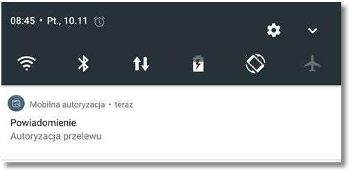 Aplikacja mobilna wyświetla na urządzeniu mobilnym baner powiadomienia PUSH z informacją o oczekującym powiadomieniu autoryzacyjnym rys. 21.