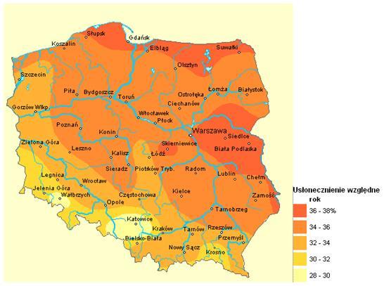 Rysunek 5. Usłonecznienie względne na terenie Polski Źródło: http://maps.igipz.pan.