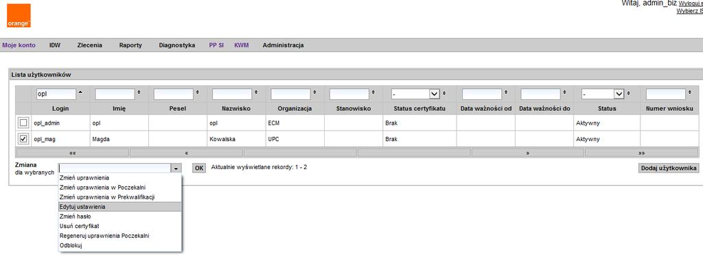 Wymagany tylko jeden checkbox Po pojawieniu się ekranu z danymi użytkownika i jego konfiguracją,