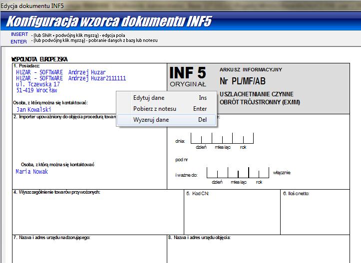 Rys.12. Okno edycji dokumentu INF 5.