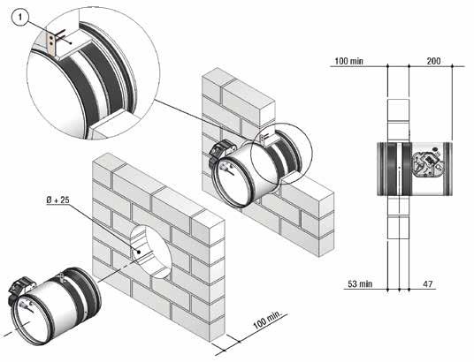 Instalacja w ścianie masywnej EI 120 S Klapy przeciwpożarowe BR-2, sklasyfikowane jako EI 120 S wewnątrz masywnych ścian pionowych, gwarantują odporność ogniową przez 120 minut tylko wtedy, gdy