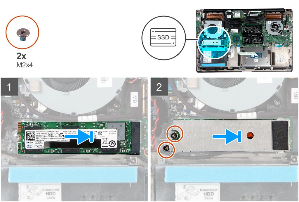 Na ilustracji przedstawiono umiejscowienie i procedurę instalacji dysku SSD: 1. W razie potrzeby dopasuj wspornik dysku SSD do formatu M.2 22