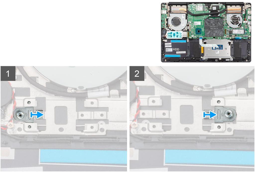 Na ilustracji przedstawiono umiejscowienie i procedurę instalacji napędu SSD M.2 2230: 1. W razie potrzeby dopasuj wspornik dysku SSD do napędu SSD M.2 2230. 2. Dopasuj wycięcie na module dysku SSD do wypustki w gnieździe dysku SSD.