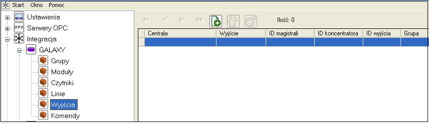 Wyjścia Wyjścia są odzwierciedleniem konfiguracji wyjść w centrali Galaxy. Dodawanie wyjść centrali Galaxy Do jednej centrali można dodać maksymalnie 512 wyjść koncentratora.
