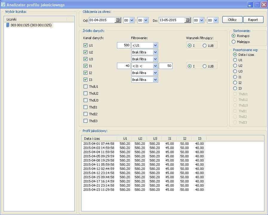 Rys. 94: Okno analizatora profilu jakościowego W celu wykonania analizy profili jakościowych, należy w lewej części okna wskazać urządzenie, z którego ma zostać wykonana analiza.