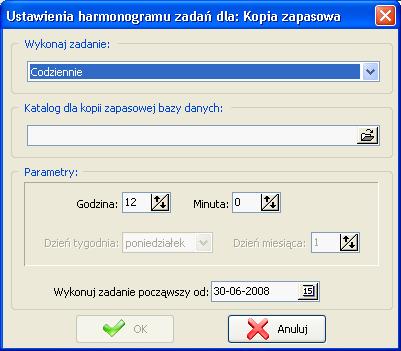 Rys. 106: Okno parametrów tworzenia kopii baz danych Po wybraniu zadania Import plików odczytowych z harmonogramu oraz kliknięciu przycisku Edytuj parametry wyświetlone zostanie okno przedstawione na