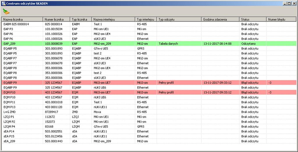 Rys. 161 Okno Centrum odczytów SKADEN Z poziomu tego okna możliwe jest także wymuszenie kolejnych odczytów urządzeń.