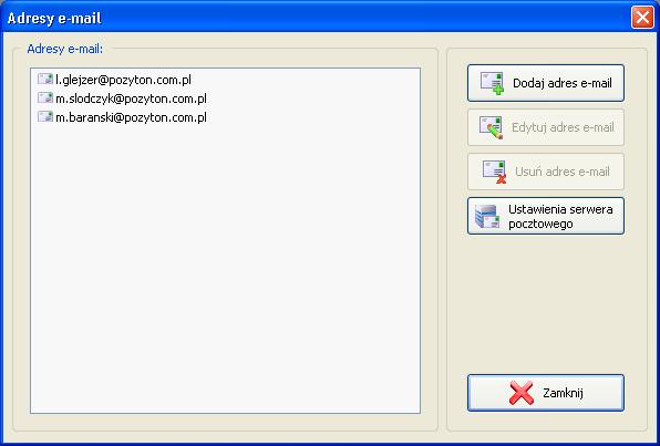 Otwarte zostanie okno przedstawione na Rys. 10, za pomocą którego można przejrzeć zdefiniowane adresy poczty elektronicznej, dokonać edycji ich ustawień, usunąć lub dodać nowe.