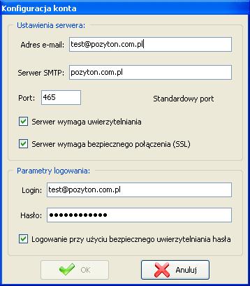 Standardowy port kliknięcie tego przycisku wstawi w pole Port standardowy numer portu przypisany do usługi wysyłania poczty, w zależności od tego czy włączone jest wysyłanie z wykorzystaniem