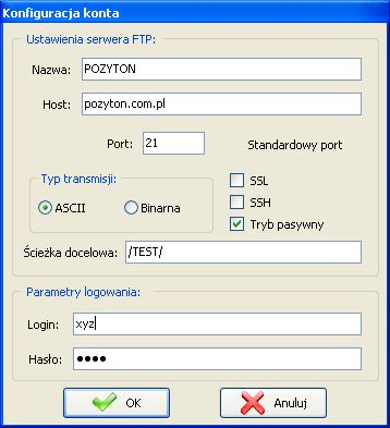 Zamknij zamyka okno konfiguracji serwerów FTP. Aby skonfigurować serwer FTP należy zaznaczyć go na liście, a następnie kliknąć przycisk Edytuj serwer FTP. Pojawi się okno przedstawione na Rys.
