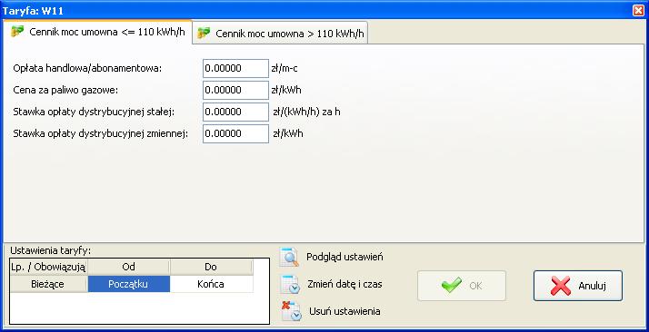 Otwarte zostanie okno przedstawione na Rys. 29, za pomocą którego można przeglądać zdefiniowane taryfy, dokonać ich edycji, usunąć lub dodać nową.