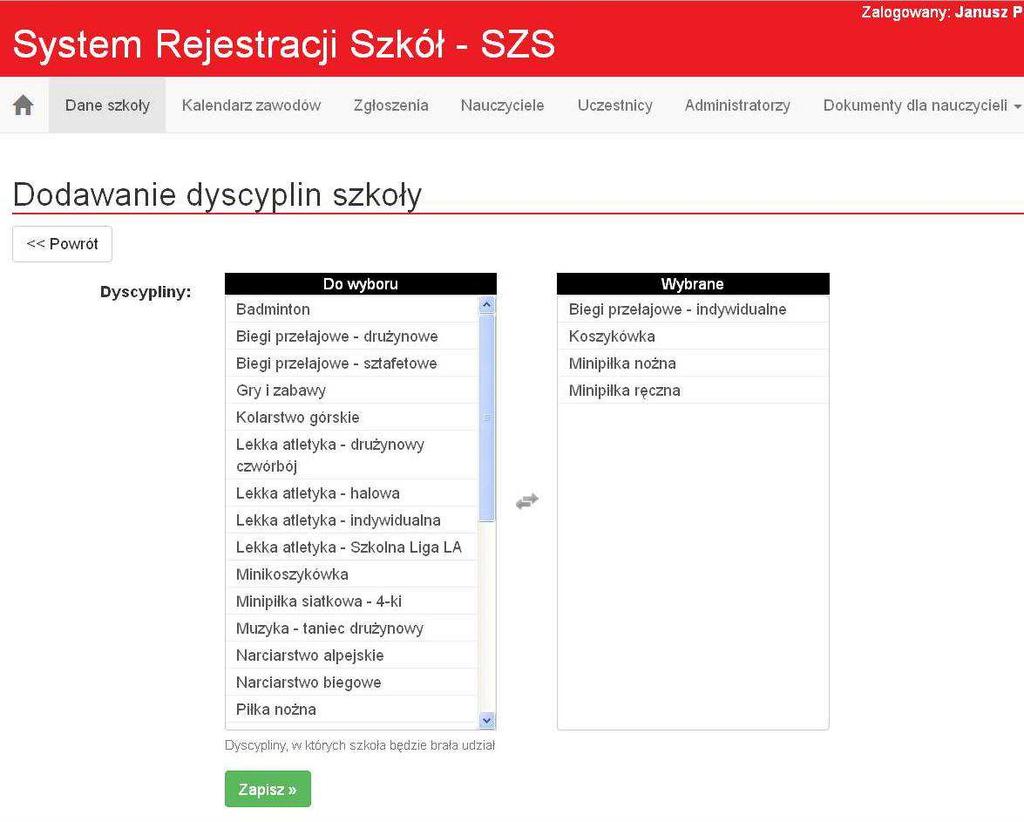 W zakładce Nauczyciele wpisujemy nauczycieli wychowywania fizycznego, dane: Imię i nazwisko, opcjonalnie nr telefonu, e-