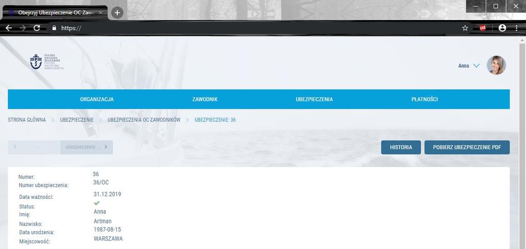 5. Dostęp do dokumentów 2. Potwierdzenie ubezpieczenia OC Aby zobaczyć szczegóły swojego ubezpieczenia OC zawodnika wejdź w górne menu Ubezpieczenia -> Ubezpieczenie OC żeglarza (zawodnika).