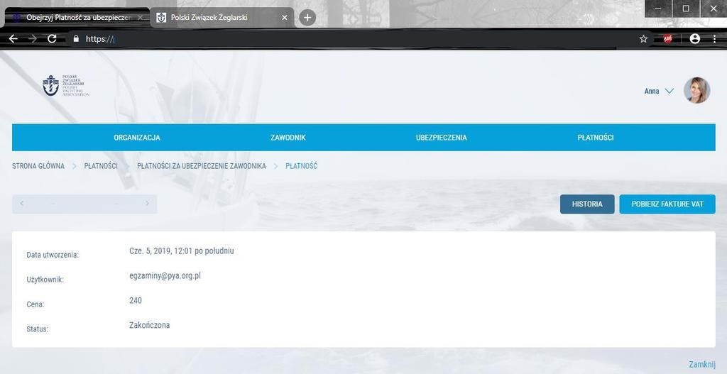 5. Dostęp do dokumentów 3. Faktura Aby pobrać fakturę należy wejść w górnym menu w Płatności -> Ubezpieczenie OC żeglarza (zawodnika).