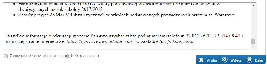 Jeśli nie zostanie zaznaczona którakolwiek z opcji zapoznałam/zapoznałem i akceptuję nie będzie możliwe przejście do ostatniego etapu wprowadzania wniosku.