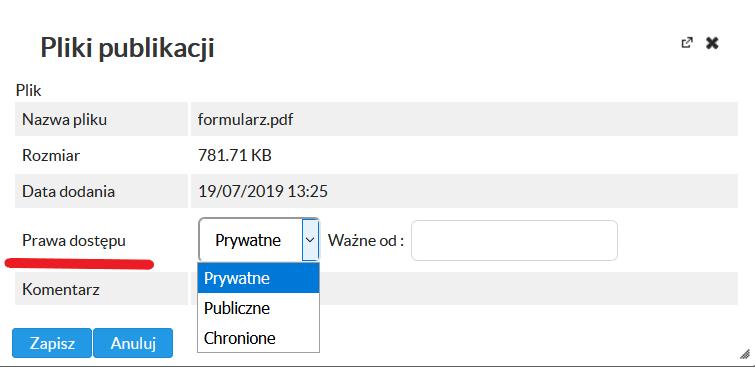 Prawa dostępu do pliku - wybieramy z istniejącej listy: Prywatny niedostępny publicznie dla