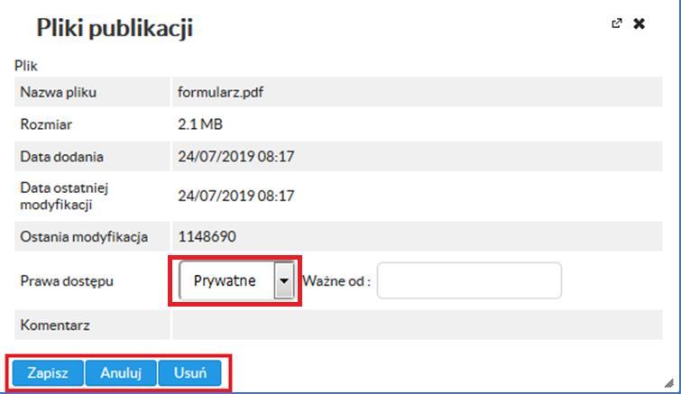 W otrzymanym oknie pracownik ma możliwość usunięcia bądź zmiany prawa dostępu do pliku.