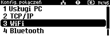 Klawiszami i wybrać pozycję 2 Konfiguracja i zatwierdzić klawiszem. Następnie w ten sam sposób wybrać i zatwierdzić pozycje 2 Konfiguracja połączeń, 3 WiFi.