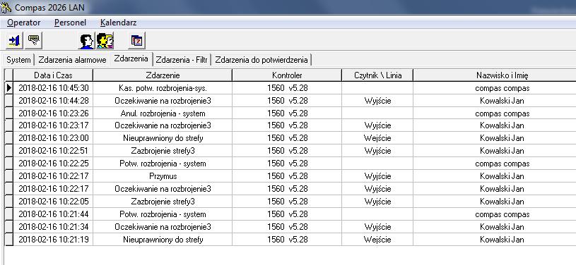 Przykładowe widok zdarzeń z systemu: 3. Potwierdzenie przejścia w Compas 2026 LAN.