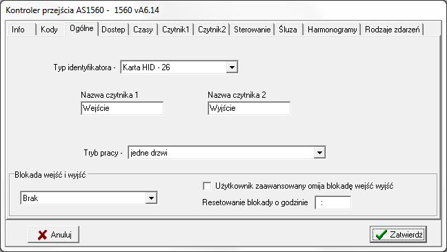 Czasy podać dla Drzwi 1: Czas otwarcia (czas zwolnienia blokady), Czas zamknięcia (czas po jakim będzie alarm nie domkniętych drzwi).