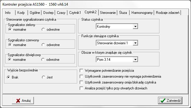 Czytnik 2 wybrać status czytnika "Kontrolny", ustawić funkcje sterującą "Sterowanie drzwiami 1", wybrać wyjście bezpośrednie "Brak".