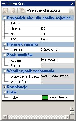 Obciążenie sejsmiczne Wyświetla nazwę, numer ID oraz kod przypadku obciążenia. Z rozwijalnej listy wybierz kierunek obciążenia sejsmicznego (poziomy na X, Y lub pionowy na Z).