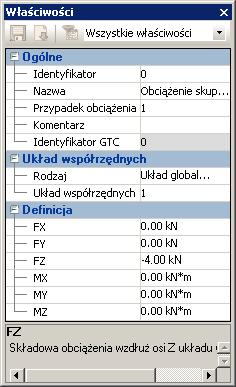 Rodzaje obciążenia Obciążenie skupione Wyświetla nazwę obciążenia, ID, GTC ID.