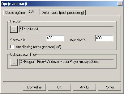 AVI Definiowanie parametrów filmu (nazwa, rozmiar, opcje wygładzania) Wybierz odtwarzacz filmów: kliknij aby odszukać i wskazać program jaki chcesz użyć do odtworzenia pliku animacji.